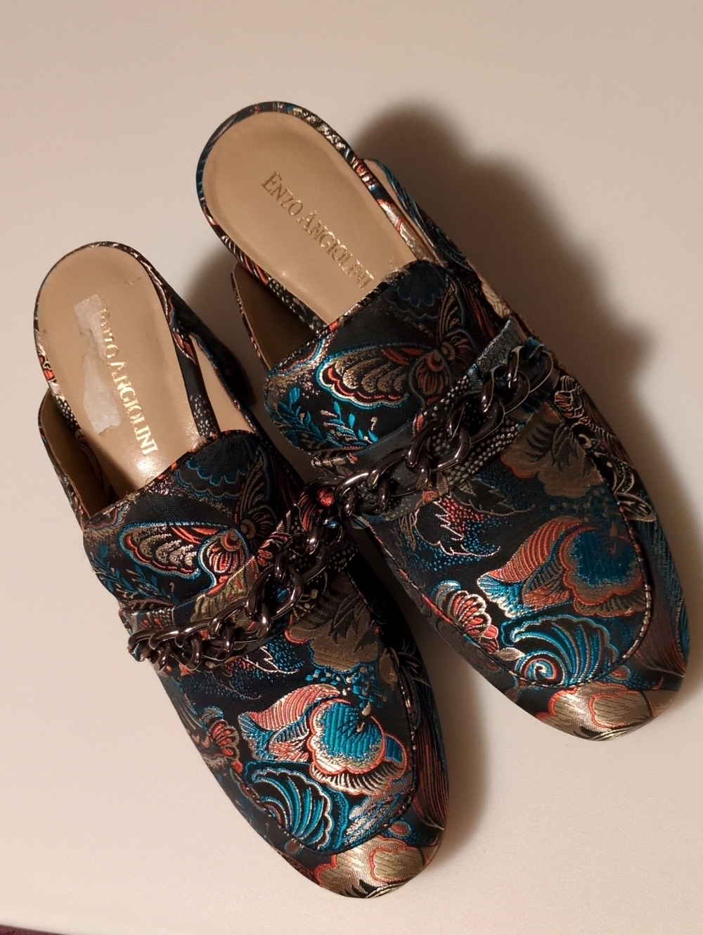 Enzo Angiolini Teal and Copper Embroidered Satin Chain Accent Heeled Mules 7.5